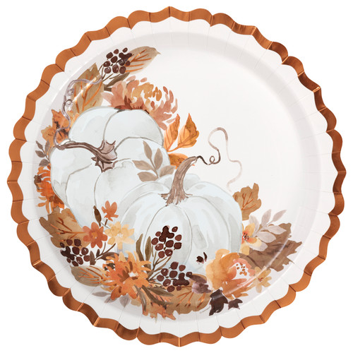 Thankful Harvest Dinner Plates. Featuring a scalloped edge with orange foil trim, these paper plates have a white background with an illustration of two white pumpkins sitting in fall foliage with additional orange foil accents. Package includes 8 count plates measuring 11in. Not microwave safe.