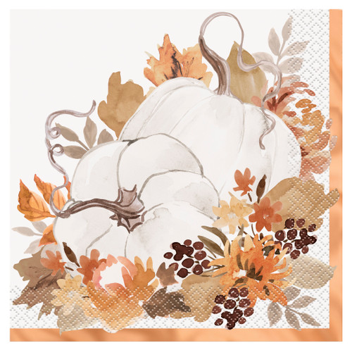 Thankful Harvest Luncheon Napkins. Featuring an orange foil trim, these 2-ply paper napkins have a white background with an illustration of two white pumpkins sitting in fall foliage with additional orange foil accents. Package includes 16 count napkins measuring 6.5in when folded. Not microwave safe.
