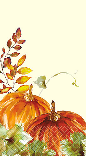 Watercolor Fall Pumpkins Guest Towel Napkins. These cream-colored 2-ply paper napkins feature a watercolor pumpkin and leaves design. Package includes 16 count napkins measuring 8in x 4.25in when folded.