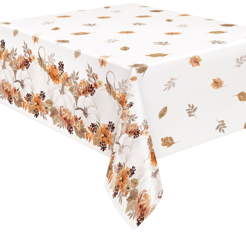 Thankful Harvest Plastic Tablecover. This white rectangular tablecover features an all-over pattern of fall leaves in muted colors. Along the border, a repeating design of white pumpkins among autumn foliage adds a festive touch perfect for Thanksgiving and fall gatherings. Measures 54in x 84in.
