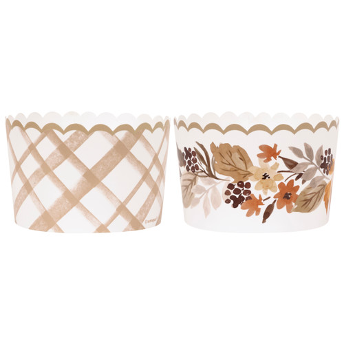 Thankful Harvest Paper Treat Cups. Each cup features a scalloped rim and comes in two designs: a wraparound print of colorful fall foliage or a rustic light brown crosshatch pattern. Package includes 16 count cups measuring 6.25oz, 2.75in x 2in.