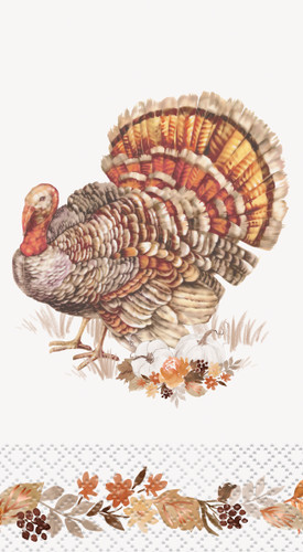 Thankful Harvest Turkey Guest Towel Napkins. These 3-ply paper napkins have a white background with an illustration of a turkey beside two white pumpkins sitting in fall foliage with orange foil accents. Package includes 16 count napkins measuring 8in x 4.25in when folded. Not microwave safe.