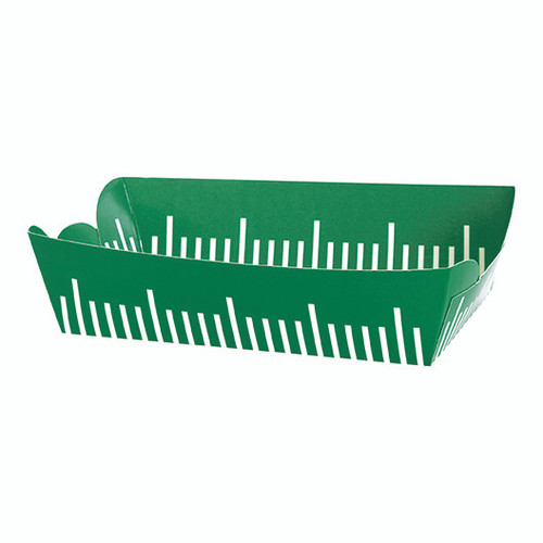 Game Ready Football Field Hot Dog Trays. Made from sturdy printed cardstock, each tray features a green background with white football field lines for a fun and festive look. Package includes 8 count trays measuring 7in x 4in.
