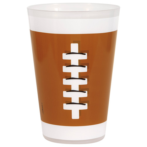 Game Face Football Plastic Cups. Featuring a wrap-around design that looks like a classic brown football with white laces. Made from durable plastic, they're reusable. Package includes 6 count cups measuring 16oz.