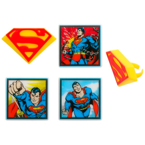 Superman Cupcake Rings. Each ring features a square portrait of comic book-style Superman in bright colors, along with classic S-shield logo rings. Package includes 6 count rings measuring 1.5in x 1.55in, S logo measuring 1.8in x 1.2in. Amount of each style will vary.