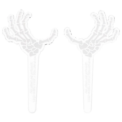 Skeleton Hands Picks. Made from clear plastic with a white print, each pick is shaped like a skeleton hand reaching upward. Package includes 6 count picks measuring 1.4in x 2.65in.