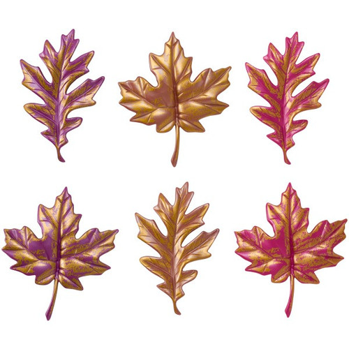 Autumn Leaves Layons. Featuring a mix of oak and maple leaf shapes, each piece is designed in rich autumn colors like brown, dark pink, and purple, accented with a subtle touch of gold for a hint of shimmer. Package includes 3 count leaves, maple leaves measuring 3.15in x 2.9in, oak leaves measuring 3.15in x 2.55in. Amount of each style will vary.