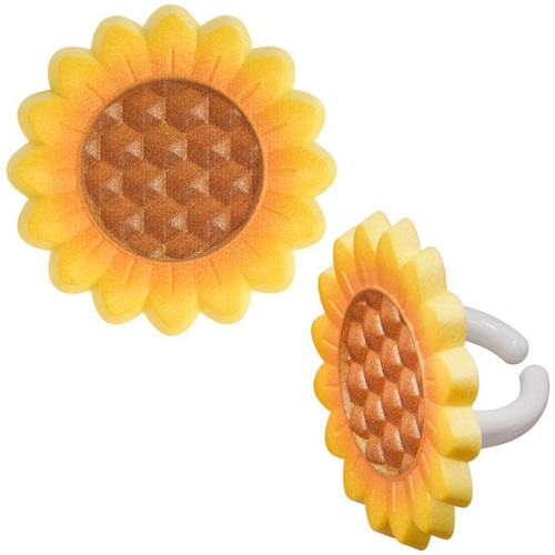 Sunflower Cupcake Rings. Each ring features a sunflower design with vibrant yellow petals and a textured brown center. Package includes 6 count rings measuring 1.55in x 1.55in.