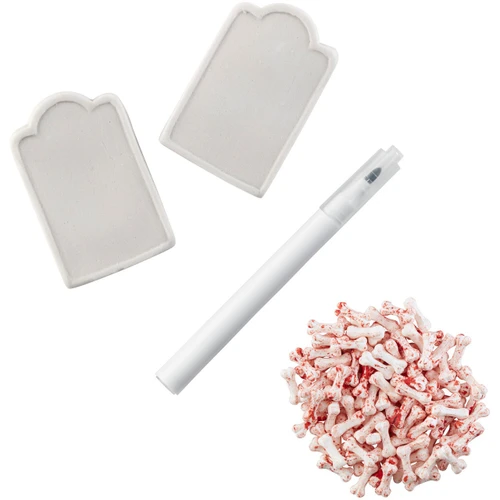 Tombstones & Bones Edible Decorations Kit. This spooky set includes blank edible tombstones, bloody bone-shaped sprinkles, and an edible marker so you can write your own eerie messages on each gravestone. Perfect for decorating cupcakes, cookies, or brownies, the kit has enough pieces to decorate 12 individual treats. Net WT 4.48oz.