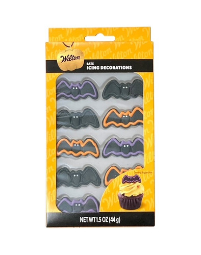 Bat Icing Decorations. These bat shaped icing decorations are black with tiny white eyes, and have an assortment of outlines in black, orange, and purple. Package includes 10 count 1.5in decorations. Net WT 1.5oz.