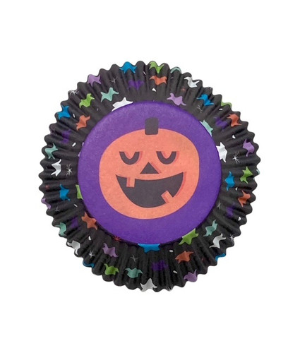 Assorted Halloween Baking Cups. These black paper baking cups feature two designs. One has a pattern of multicolor stars on the sides and jack o lantern with a purple background on the bottom. Package includes 24 count total 2in baking cups. Assorted Halloween Baking Cups. These black paper baking cups feature two designs. One has a pattern of multicolor stars on the sides and jack o lantern with a purple background on the bottom. Package includes 24 count total 2in baking cups.
