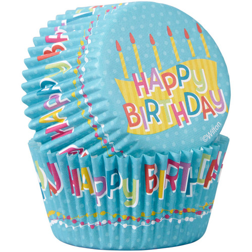 Happy Birthday Baking Cups. These light blue paper baking cups have "HAPPY BIRTHDAY" in multicolor letters on the sides and on the bottom, along with elements such as birthday candles and a dotted garland. Package includes 50 count 2in baking cups.