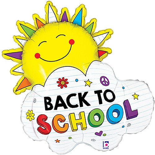 Back to School Sunshine Balloon. This shaped balloon features a smiling sun with colorful rays sitting behind a cloud made of notebook paper with the text "BACK TO SCHOOL" in a combination of black and multicolor block text. Balloon is approximately 31 inches after inflation.