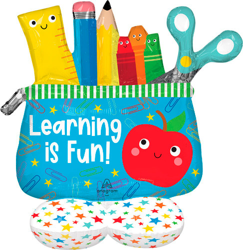 Airloonz Pencil Pouch Balloon. This DIY self-sealing balloon features a blue pencil pouch with a pattern of stars and colorful paper clips. Multicolor supplies with smiling faces peek out, and the text "Learning is Fun!" is displayed in white. The base is white with multicolor stars. Measures approximately 31in.