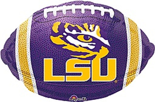 This football shaped balloon is purple with the yellow LSU logo and tiger eye. This balloon will inflate to approximately 18 inches.