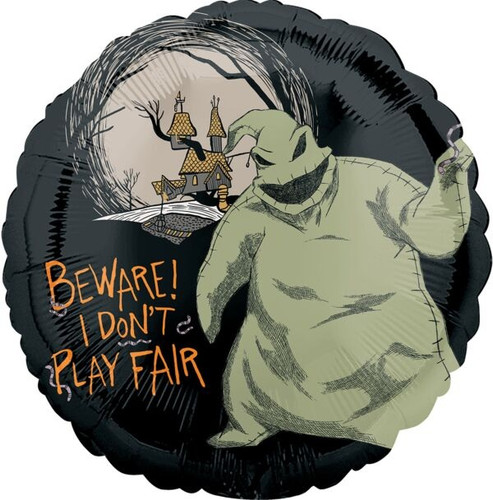Nightmare Before Christmas Balloon. This double sided circular balloon features black background on one side with the Oogie Boogie man and the text "BEWARE! I DON'T PLAY FAIR!" and the other side features a faded purple background with Lock, Shock, and Barrel. Balloon is approximately 17 inches after inflation.