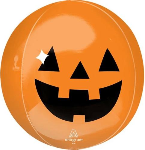 Haunted Manor Pumpkin Orbz Balloon. This spherical shaped balloon is a classic orange with a jack o lantern face. Balloon is approximately 16 inches orb shaped after inflation.