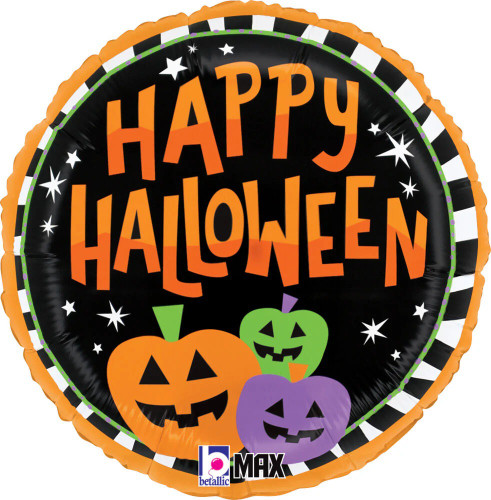 Halloween Striped Pumpkins Balloon. This circular balloon features a black background with white stars and a black and white striped trim. "HAPPY HALLOWEEN" is displayed in orange text above 3 pumpkins in orange, green, and purple. Balloon is approximately 18 inches after inflation.