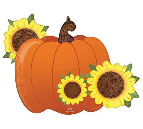 Pumpkin & Sunflowers Balloon. This shaped balloon is of an orange pumpkin with a brown stem, with two sunflowers in front and one sunflower peeking out from behind. This balloon will inflate to approximately 31 inches.