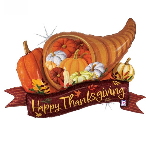 Cornucopia Thanksgiving Banner Balloon. This shaped balloon is of a cornucopia filled with pumpkins of different colors over a brown banner with "Happy Thanksgiving" in gold script. This balloon will inflate to approximately 37 inches.