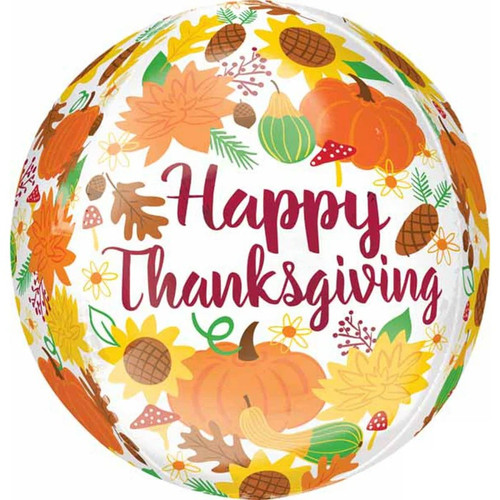 Happy Thanksgiving Harvest Orbz Balloon. This spherical shaped balloon features segments decorated with fall foliage as well as sunflowers, pumpkins, and other gourds. "Happy Thanksgiving" is displayed in burgundy script. This balloon will inflate to approximately 16 inches orb shape.