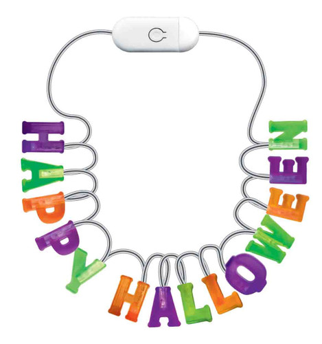Happy Halloween Light-Up Strand. This strand can be worn as a necklace or used as a decorative light string. It features lit letters that spell out "HAPPY HALLOWEEN" in purple, green, and orange colors. It has five different light modes, including steady and flashing effects. Batteries included. Measures 22in, letters measure about 1in.