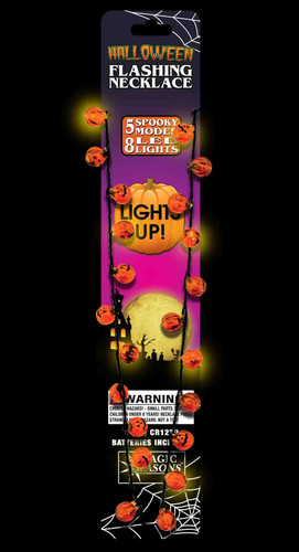 Halloween Flashing Necklace - pumpkins. This light-up necklace features 8 bright LEDs and 3 Light modes. It's available in tiny pumpkins (yellow light) or tiny ghosts (blue light). Batteries included. Package includes 1 count necklace. Desired style not guaranteed. One size fits most.