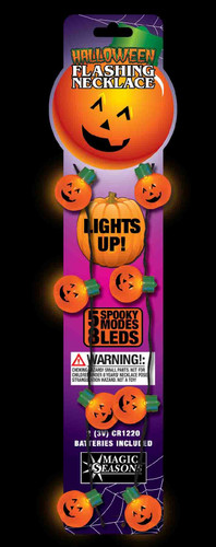 Halloween Light Up Necklace - pumpkins. This light-up necklace features 8 bright LEDs and 5 Light modes. It's available in pumpkins (orange light), ghosts (blue light), or skulls (red light). Batteries included. Package includes 1 count necklace. Desired style not guaranteed. One size fits most.