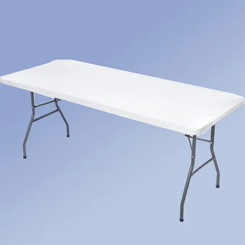 White Spandex Rectangular Tablecover Topper. Designed to fit snugly over standard rectangular tables, this stretch-fit cover stays in place. Available in 6f or 8ft.