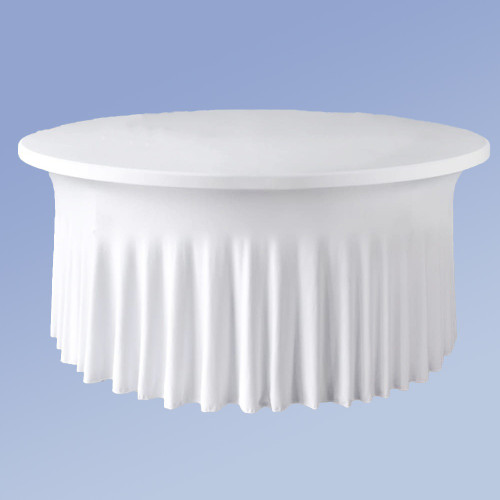White Spandex Round Tableskirt, a stylish and reusable solution for creating an elegant look. This piece includes a fitted spandex table top cover and a beautifully draped skirt with a wavy design. Available in 60in and 72in. White Spandex Round Tableskirt, a stylish and reusable solution for creating an elegant look. This piece includes a fitted spandex table top cover and a beautifully draped skirt with a wavy design. Available in 60in and 72in.