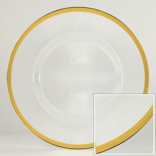 Gold Trim Ribbed Charger. This clear plastic charger features a ribbed pattern and a metallic gold trim. Not for use in oven. Measures 13in.