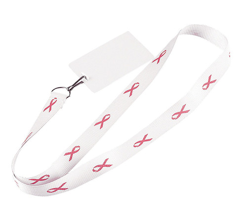 Breast Cancer Awareness Lanyards. These white lanyards feature repeating pink ribbons, with a metal clip. Package includes 1 count lanyard measuring 32in, badge not included.