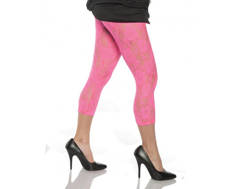 Neon Pink Lace Leggings. Featuring a delicate rose pattern woven into neon pink lace, these polyester leggings are the perfect accessory to your 80s costume. Available in X Small, Small, Medium, Large, and X Large. Shoes not included.