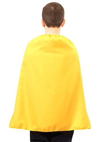 Child Yellow Nylon Cape. This nylon taffeta cape features a bright yellow color with ties. Measures 26in. Child size 4-12.