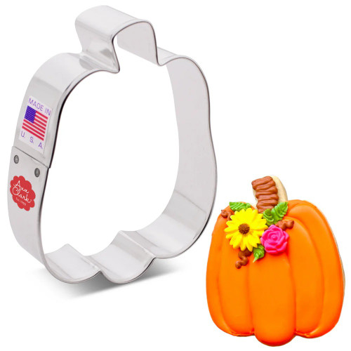 Tall Pumpkin Cookie Cutter. This sturdy metal cutter features a pumpkin shape that's a bit taller, with a stem. Measures approximately 3.9 inches x 2.82 inches.