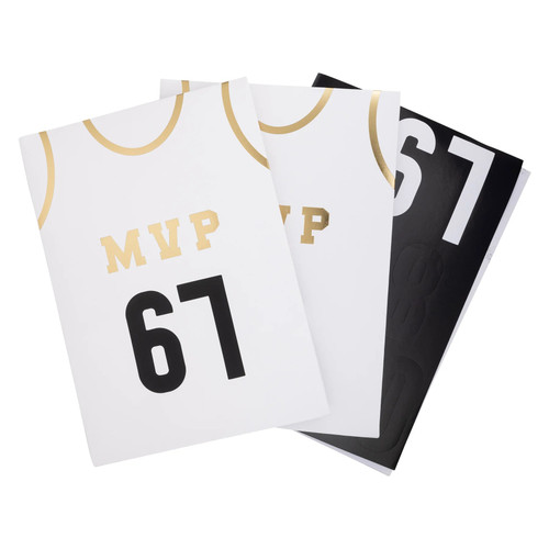Basketball MVP Treat Bags. These white paper treat bags have gold foil lines and the text "MVP" to mimic the look of a sports jersey. This kit includes black number stickers to personalize the jerseys. They're perfect for sports-themed birthdays, team celebrations, or watch parties. Package includes 8 count bags measuring 5in x 8in x 2.5in, number sticker sheets, and twine.
