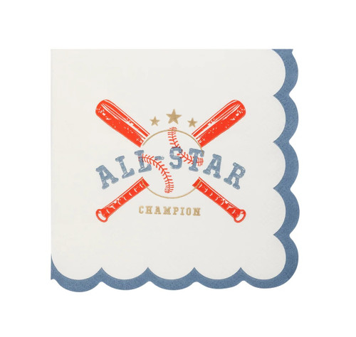 Baseball All Star Beverage Napkins. These off white paper napkins have a blue scalloped trim, featuring a logo of two red baseball bats, a baseball, the text "All Star" in blue, with gold star accents and the text "CHAMPION." Package includes 18 count napkins measuring 5in when folded.