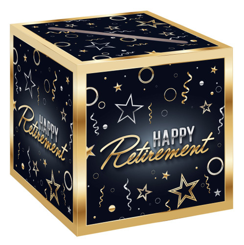 Black and Gold Retirement Card Box. Made from sturdy cardstock, this box features a black background with silver and gold confetti and printed gold trim. "HAPPY Retirement" in silver and gold lettering is displayed on multiple sides. The convenient slot on top makes it easy for guests to drop in cards and messages, while the spacious design holds plenty of heartfelt notes. Assembly required. Measures 9in x 9in.