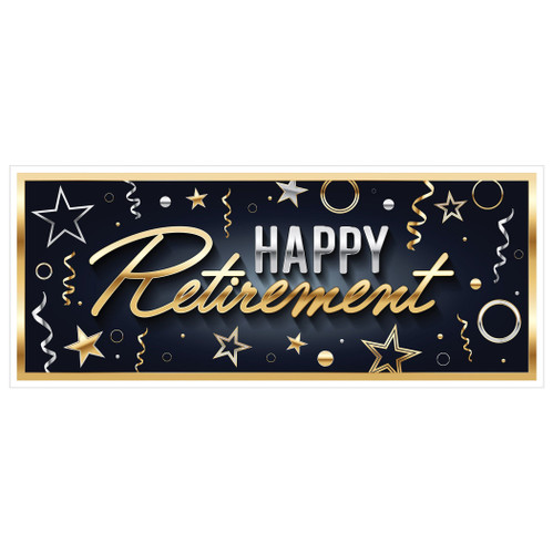 Happy Retirement Giant Sign Banner. This plastic banner features a black background with silver and gold confetti and printed gold trim, and "HAPPY Retirement" in silver and gold lettering. Measures 30in x 6ft. Happy Retirement Giant Sign Banner. This plastic banner features a black background with silver and gold confetti and printed gold trim, and "HAPPY Retirement" in silver and gold lettering. Measures 30in x 6ft.