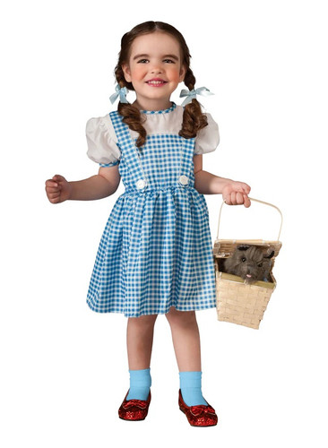 Toddler Dorothy costume. With her signature blue gingham dress and blue hair bows, this costume is perfect for Halloween or theme parties. Package includes dress and bows. Wig, shoes, basket, and socks not included. Available in sizes 6-12 months and 12-24 months.