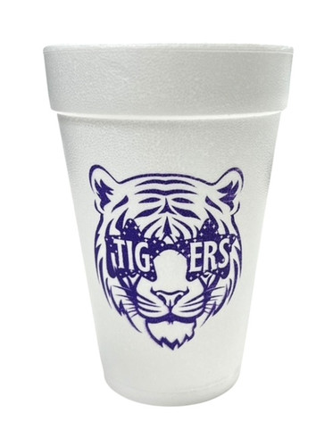Cool Tiger Styrofoam Cups. White Styrofoam Cups, featuring a tiger head in purple wearing star shaped glasses with the text "TIG ERS". Each sleeve includes 25 durable cups, perfect for hot or cold drinks at your tailgate. Add a touch of team spirit with these must-have cups. Available in 16oz and 20oz. Cool Tiger Styrofoam Cups. White Styrofoam Cups, featuring a tiger head in purple wearing star shaped glasses with the text "TIG ERS". Each sleeve includes 25 durable cups, perfect for hot or cold drinks at your tailgate. Add a touch of team spirit with these must-have cups. Available in 16oz and 20oz.