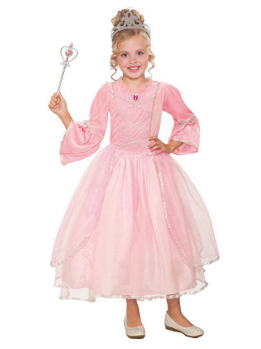 Child Princess Mystic Pink costume. This royal ensemble features a layered light pink dress with silver accents and an acrylic pink gem under the neckline. Package includes dress only. Shoes, scepter, and tiara not included. Available in Small (4 - 6), Medium (8 - 10), and Large (12 - 14).