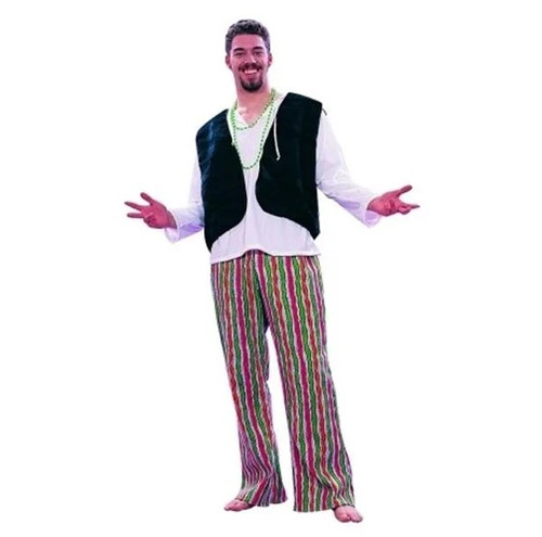 Adult 60s Hippie Man costume. The outfit features a black faux fur vest and colorful striped bell bottom pants. Shirt and jewelry not included. One size fits most adults.