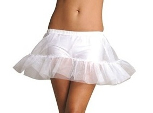 White Petticoat. This double tiered net petticoat has an elastic waistband. One size fits most adults. Approximately 15in long. White Petticoat. This double tiered net petticoat has an elastic waistband. One size fits most adults. Approximately 15in long.