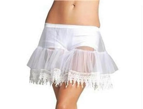 Adult White Lace Petticoat. This double tiered net petticoat has an elastic waistband and an ice teardrop lace edge. One size fits most adults. Approximately 15in long. Adult White Lace Petticoat. This double tiered net petticoat has an elastic waistband and an ice teardrop lace edge. One size fits most adults. Approximately 15in long.