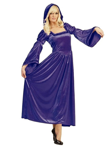 Purple Renaissance Bella Dress. This purple polyester velvet dress features a hood, wide sleeves, and a black trim with colorful flowers. Package includes dress with hood. Shoes not included. Sizes available in Small (4 - 6), Medium (8 - 10), and Large (12 - 14). Purple Renaissance Bella Dress. This purple polyester velvet dress features a hood, wide sleeves, and a black trim with colorful flowers. Package includes dress with hood. Shoes not included. Sizes available in Small (4 - 6), Medium (8 - 10), and Large (12 - 14).