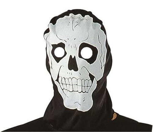Fabric Skull Hood. Featuring a black polyester hood with a printed white skull, this eerie accessory is perfect for Halloween, haunted houses, or nighttime events. There are circular holes where the eyes should be. One size fits most adults and teens.