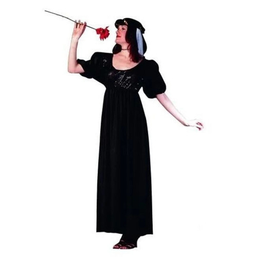 Black Renaissance Maiden Dress. This black suede dress features puffy shoulders, a sparkly top, and a matching plush crown with gold sequins. Package includes dress and crown. Shoes, rose, and choker not included. One size fits most adults. Black Renaissance Maiden Dress. This black suede dress features puffy shoulders, a sparkly top, and a matching plush crown with gold sequins. Package includes dress and crown. Shoes, rose, and choker not included. One size fits most adults.