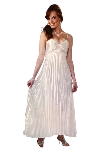 Adult Hollywood Goddess Dress. A shimmery white sleeveless dress. Shoes and jewelry not included. One size fits up to 14 - 16.