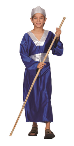 Child Blue Wise Man. This costume includes a blue robe with a silver neckline, along with a matching silver belt and headpiece. Staff and shoes not included. Sizes include Small (4 - 6), Medium (8 - 10), and Large (12 - 14)